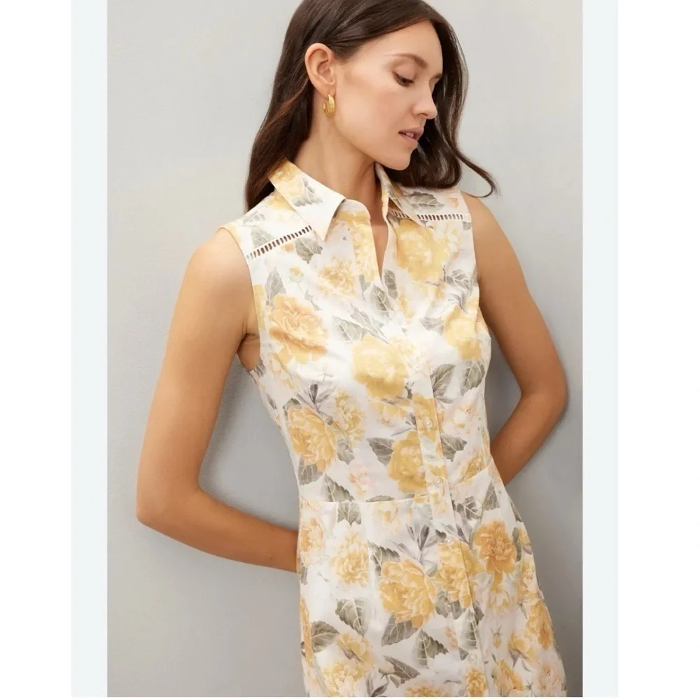 NEW Rachel Parcell Sleeveless Floral Midi Shirt Dress Ivory Yellow 10 - Picture 8 of 16
